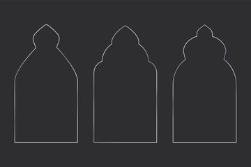 Thinline silver elegant frame. Minimal shine Art Deco metallic border. Minimal arch decoration window or door, collection isolated on dark background.