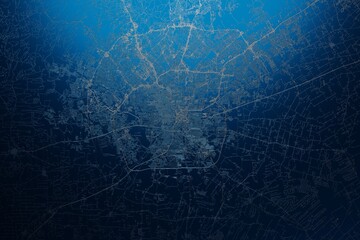 Street map of San Antonio (Texas, USA) engraved on blue metal background. View with light coming from top. 3d render, illustration