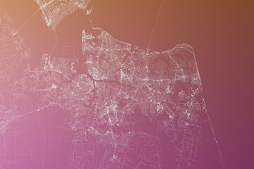 Map of the streets of Norfolk and Virginia Beach (Virginia, USA) made with white lines on pinkish red gradient background. Top view. 3d render, illustration