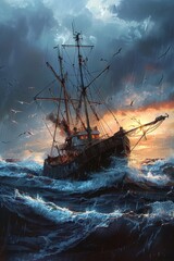 Obraz premium A fishing boat braves tumultuous seas