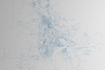 Map of the streets of Bangui (Central African Republic) made with blue lines on white paper. 3d render, illustration