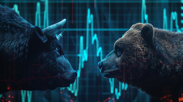 Bulls, Bears and the Stock Market Bull market, online stock exchange concept Gains from the growth or decrease in value of an asset.
