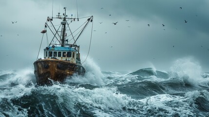 A fishing boat braves tumultuous seas