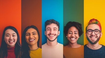 Rainbow Reverie: Diverse Genders and Races Come Together in Portrait Against Colorful Background, Embodying Freedom, Love, and the Beauty of Individual Expression