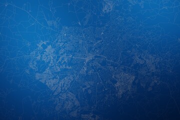 Stylized map of the streets of Harare (Zimbabwe) made with white lines on abstract blue background lit by two lights. Top view. 3d render, illustration