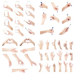 Collection of body parts in various poses on a white background.