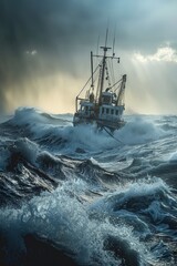 Obraz premium A fishing boat braves tumultuous seas