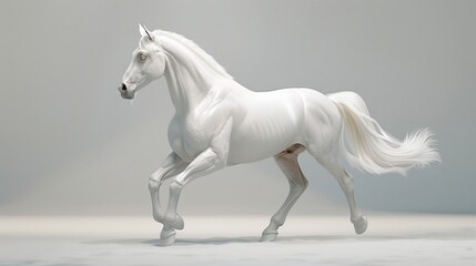 A majestic white stallion, its powerful form standing out against a transparent backdrop, rendered with lifelike precision.