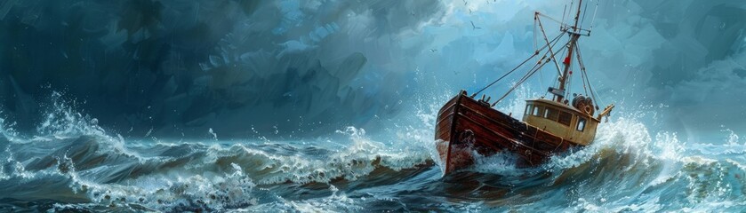 Obraz premium A fishing boat braves tumultuous seas