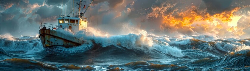 Fototapeta premium A fishing boat braves tumultuous seas