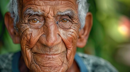 Portrait of an elderly man with weathered skin and a serene expression. AI.