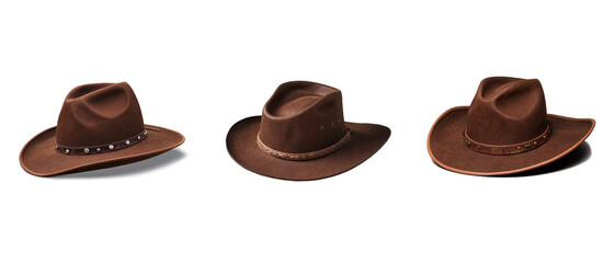Fototapeta premium Set of brown Cowboy Hat with Leather Band isolated on transparent background.