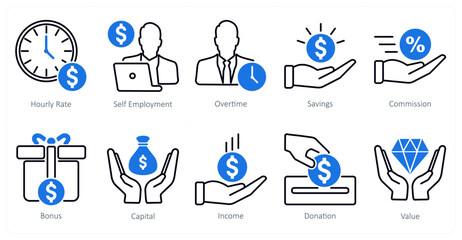 A set of 10 banking icons as hourly rate, self employment, overtime