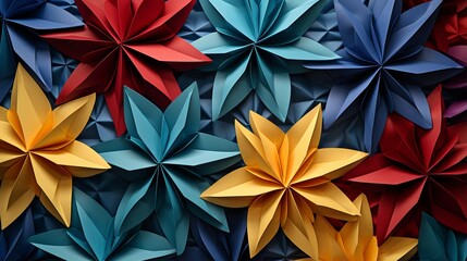 Origami flowers in blue, red, yellow with colorful geometric folds.