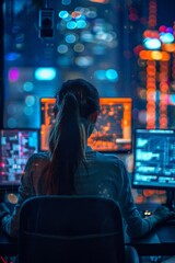 Obraz premium Technology Concept : A female programmer in dark room