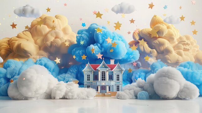 A fantasy house model surrounded by a sky of artificial blue and gold clouds with colorful stars, presented on a white background with two fluffy cloud accents.