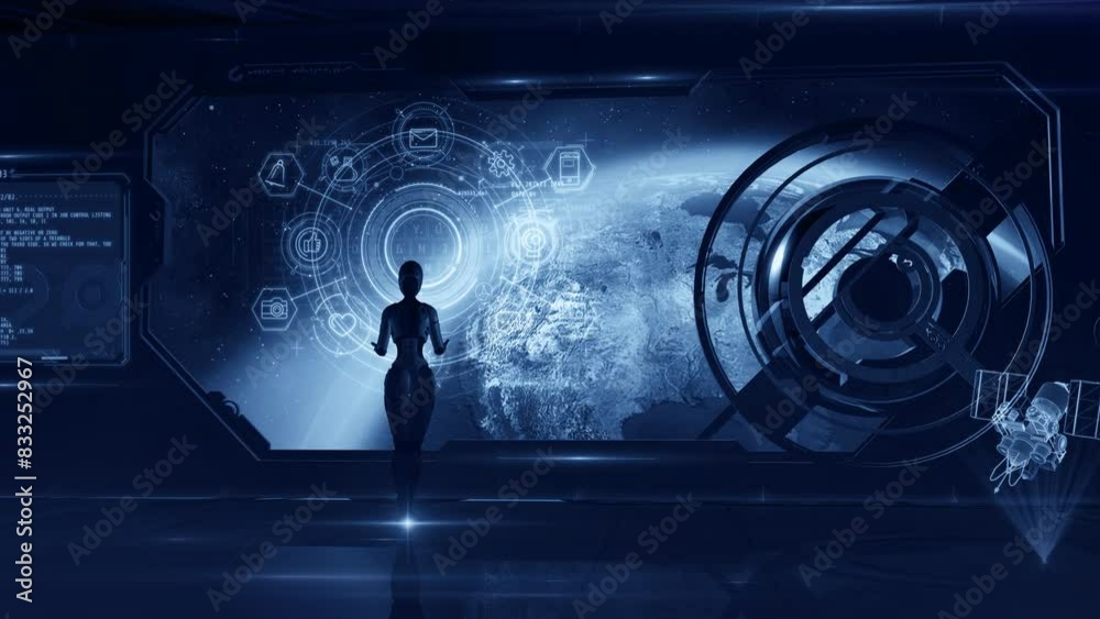 Wall mural monitoring internet activity via satellite network from earth orbit.