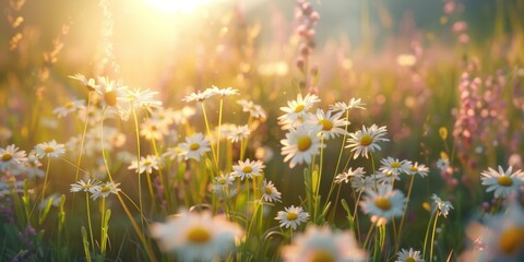 A field of daisies bathed in sunlight. AI.