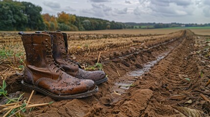 A pair of brown leather boots sit in a muddy field. AI. - Powered by Adobe