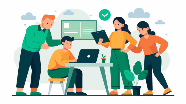 Two team members role play a potential attack situation as the rest of the team observes and takes notes during their training session.. Vector illustration