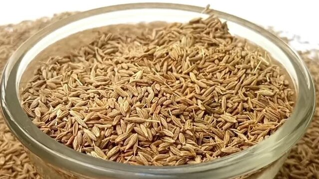 Cumin seeds drops in a rotating glass bowl on white background with spices spilled around it, micro shot, center frame, herbs and spices.