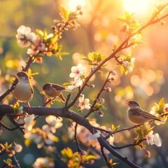Obraz premium Flock of birds are singing happily on the branches of a tree with spring flower blossoms and sun light , spring season background