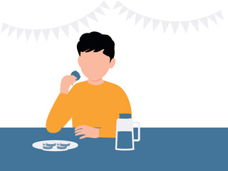 The boy is eating biscuits with milk.