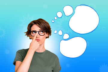 Creative surreal picture collage of confused clever girl thinking speech comics bubble on blue color background
