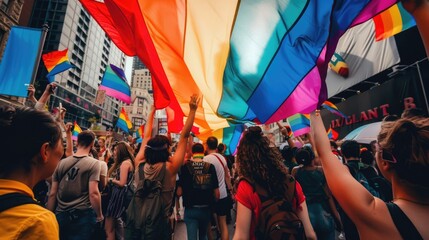Naklejka premium Women enjoying the celebrations of the pride LGBTQ day in city with balloons with flags