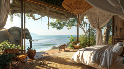Obraz premium Modern cozy bedroom with a view of an elephant walking outside the window
