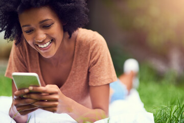 Smile, mobile or happy woman in park to relax on social media to chat on internet post or...