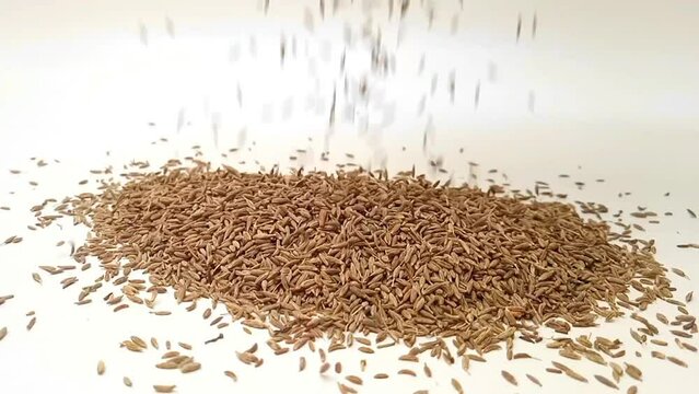 Cumin seeds falling on clean white background in the center frame, close up, herbs and spices.