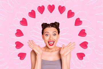 Image picture collage of shocked positive girl impressed on pink pastel heart decor background