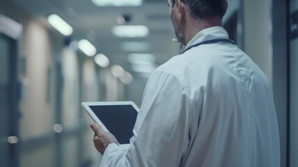  A doctor in a white coat with a stethoscope around his neck holding an iPad or smartphone