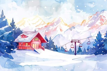 Naklejka premium Charming watercolor winter landscape with snowy mountains, a cozy cabin, and a ski lift surrounded by pine trees on a sunny day.