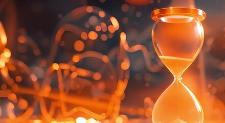 Hourglass with golden sand measuring time against blurred glowing background copy space. Concept Hourglass, Golden Sand, Time Measurement, Blurred Background, Copy Space