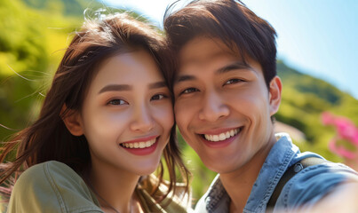 Obraz premium Chinese couple takes a selfie. Selfie against nature background