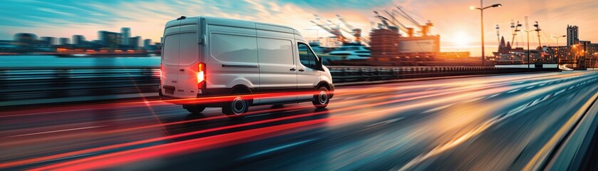 Modern delivery shipment cargo courier van moving fast on motorway road, fast package delivery	