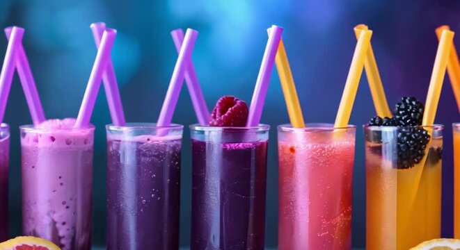 Coldpressed juice straws in a row offer a variety of flavors. Concept Coldpressed Juice, Straws, Flavorful, Variety, Healthy Drinking