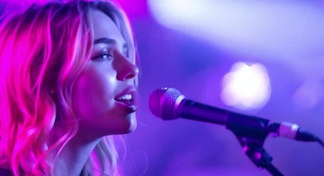 Woman with blonde hair passionately sings into a microphone during a performance. Concept Blonde Singer, Live Performance, Microphone, Passionate Expression, Music Event
