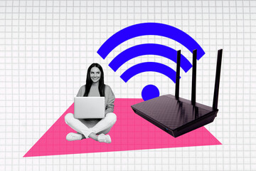 Creative collage image young happy woman remote worker freelancer wifi router signal internet...