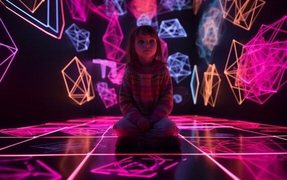 full shot of a little girl surrounded by neon lines and geometric symbols 