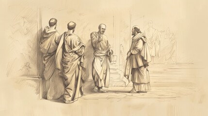 Fototapeta premium Biblical Illustration of Luke 1: Announcement of John and Jesus, Mary and Elizabeth Meeting, Songs of Mary and Zechariah, Beige Background, Copyspace