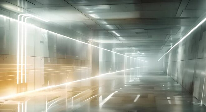 Scifi underground corridor with glowing windows concrete blocks and futuristic elements. Concept Sci-fi, underground, corridor, glowing windows, futuristic elements