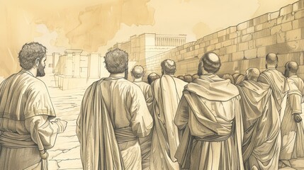 Fototapeta premium Biblical Illustration of Mark 1: Beginning of Jesus' Ministry, John the Baptist, Baptism, Temptation on Beige Background with Copyspace