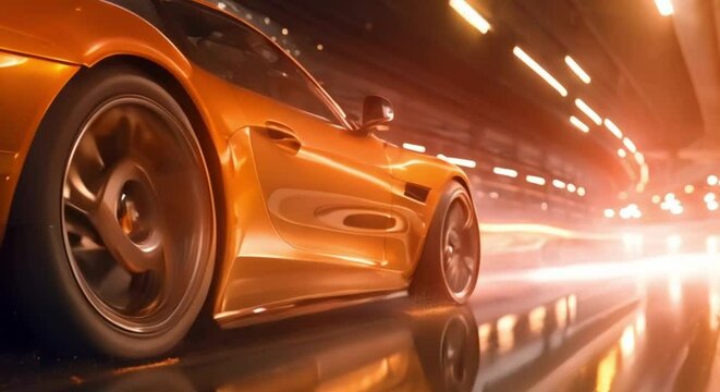 Blurry closeup of fast sports car wheel spinning on highway. Concept Automotive Photography, Motion Blur, High Speed, Close-up Shot, Dynamic Composition