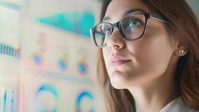 Portrait woman present chart. Exclusive business female is pointing at the chart and seems to be explaining and present business, professional, confident