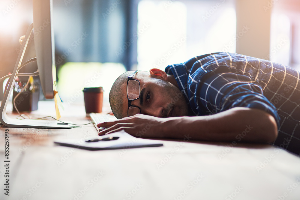 Poster business man, sleeping and tired by computer for fatigue, overworked or deadline in office. programm