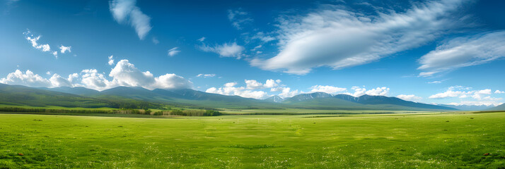 Panoramic natural landscape with green grass field, blue sky with clouds and and mountains in background. Panorama summer spring meadow. Shallow depth of field.