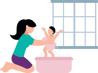 A mother is bathing her baby.